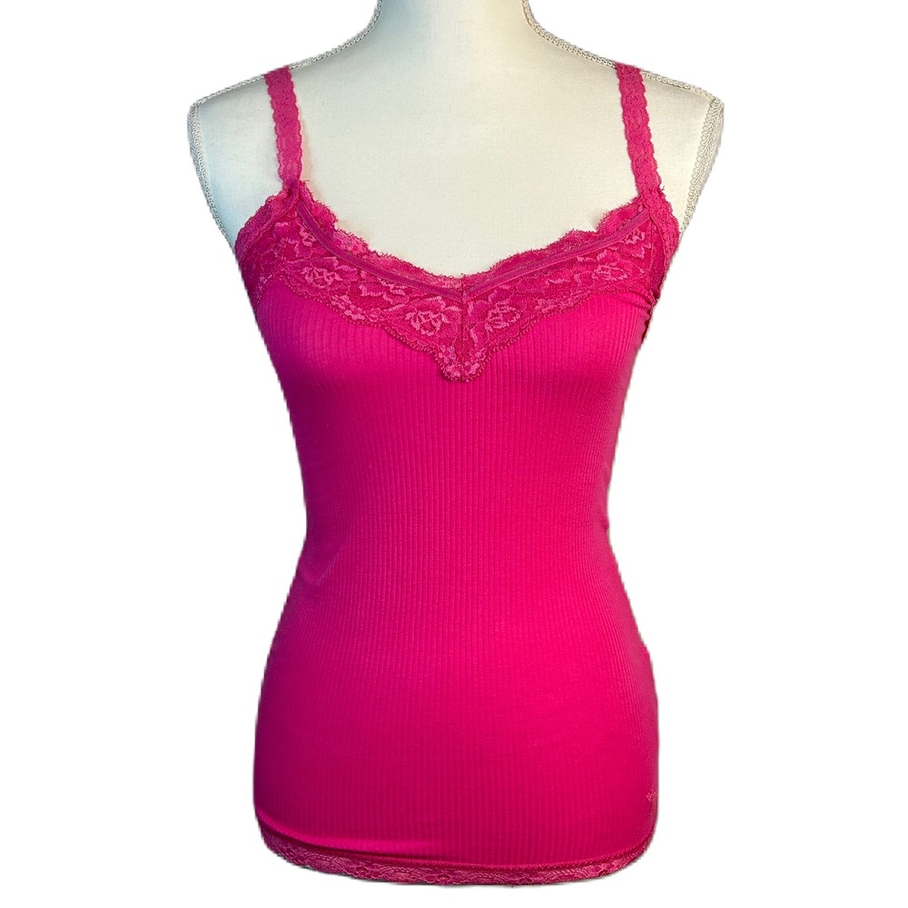 Abercrombie & Fitch Y2K Tank Top L Lace Trim Ribbed Pink Elena Gilbert Bella